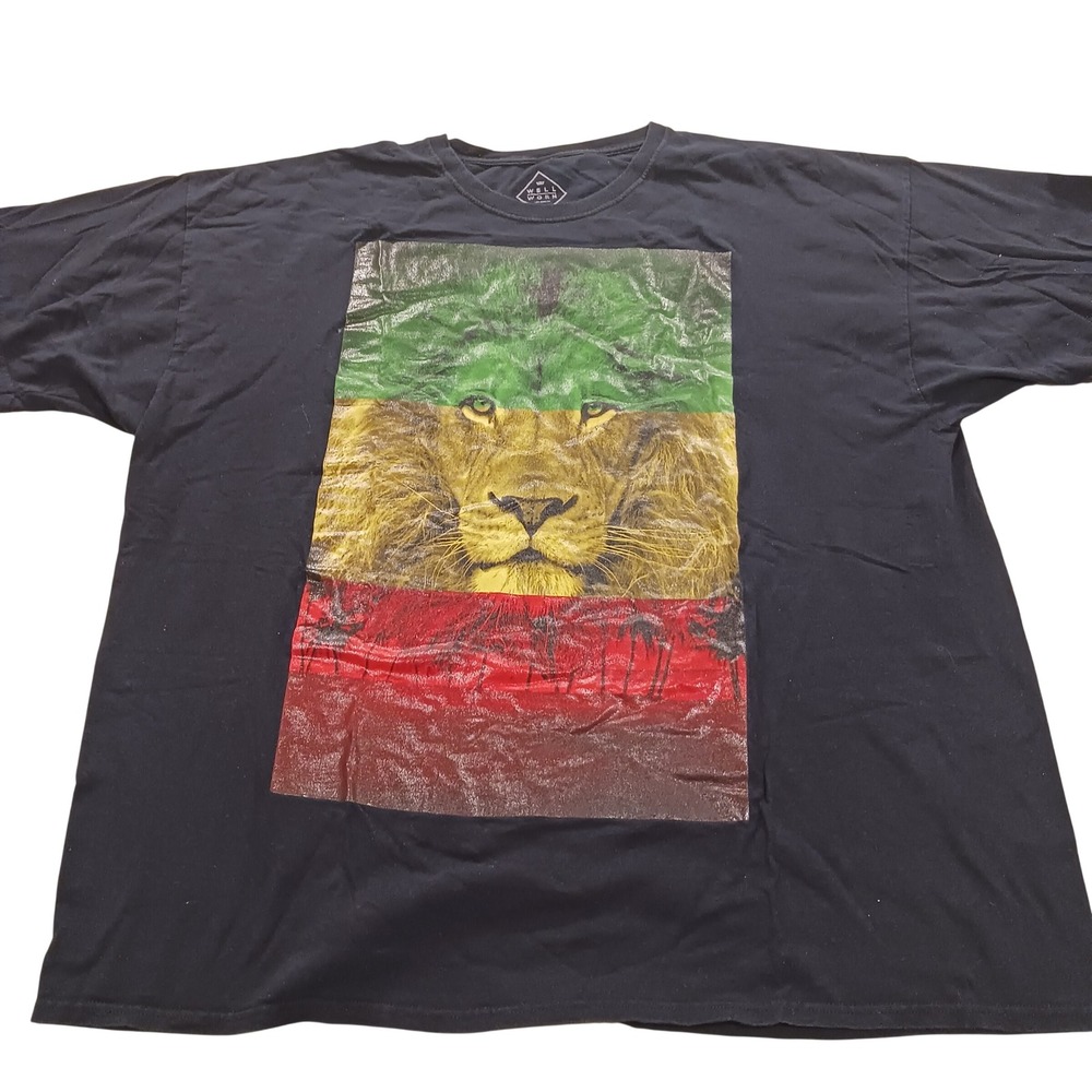 Well Worn Mens 3XL Rasta Lion Graphic T-Shirt Black Cotton Short Sleeve Tee